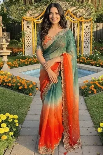 Multicolor woven design satin fusion saree