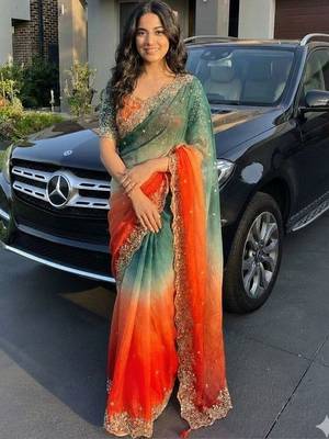 Multicolor woven design satin fusion saree 3