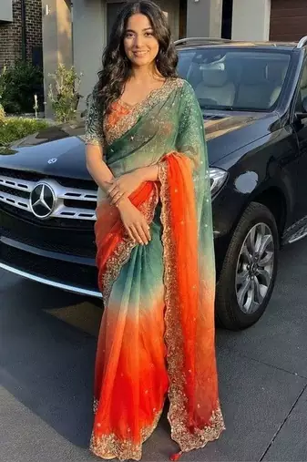 Multicolor woven design satin fusion saree