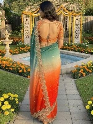 Multicolor woven design satin fusion saree 4
