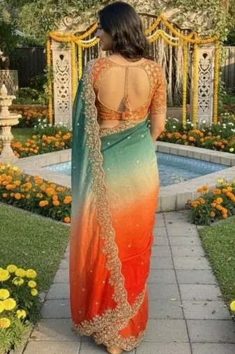 Multicolor woven design satin fusion saree