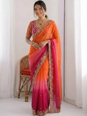 Multicolor woven design satin fusion saree 1