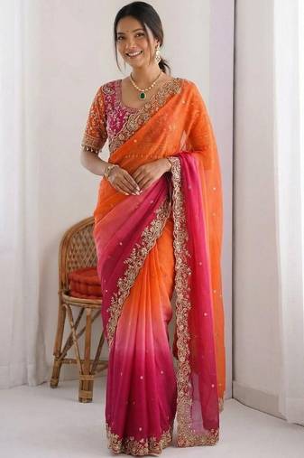 Multicolor woven design satin fusion saree