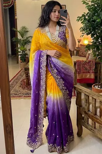Multicolor woven design satin fusion saree