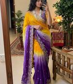 Multicolor woven design satin fusion saree
