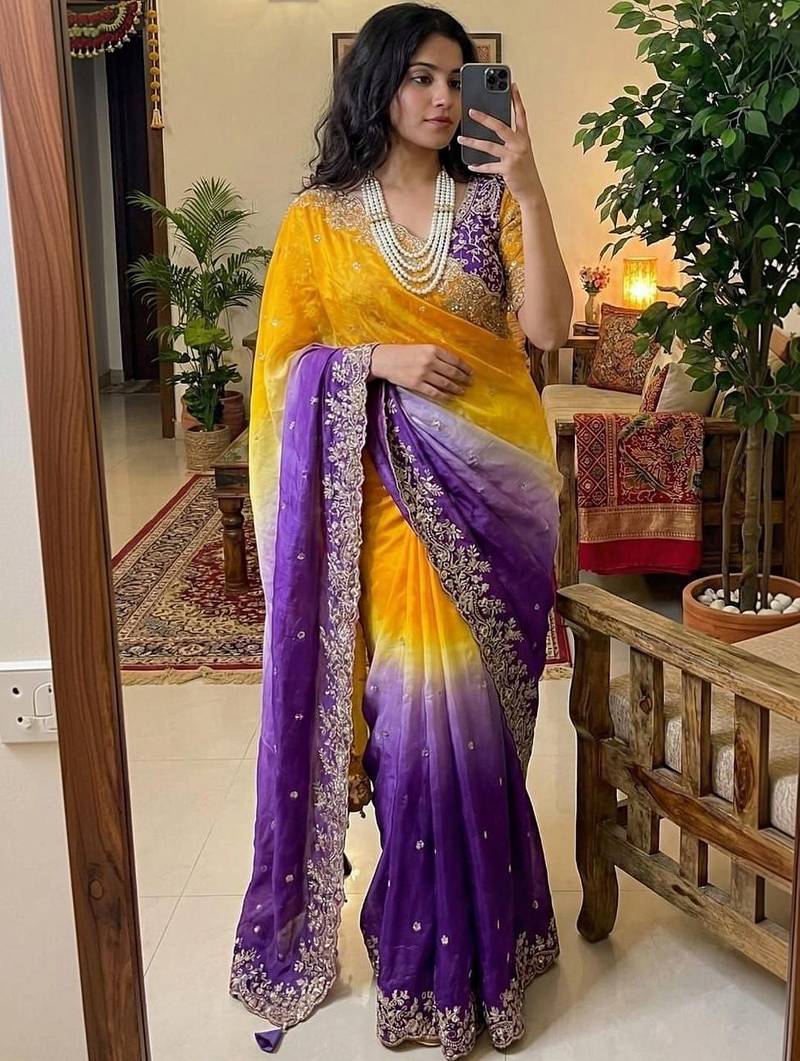 Multicolor woven design satin fusion saree