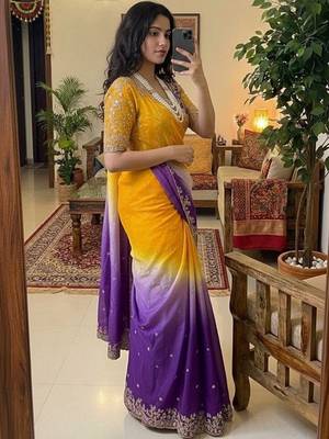 Multicolor woven design satin fusion saree 2