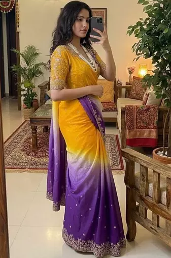 Multicolor woven design satin fusion saree
