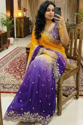 Multicolor woven design satin fusion saree