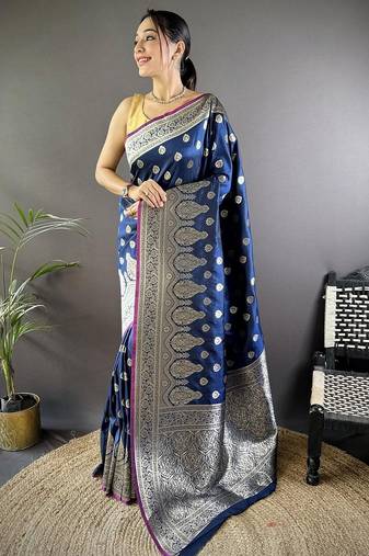 Navy blue embellished zari silk blend designer banarasi saree