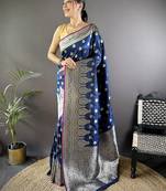 Navy blue embellished zari silk blend designer banarasi saree