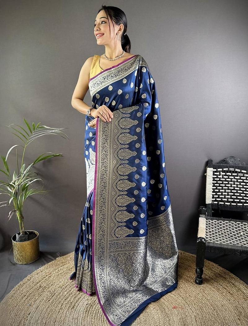 Navy blue embellished zari silk blend designer banarasi saree