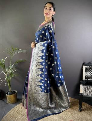 Navy blue embellished zari silk blend designer banarasi saree 2