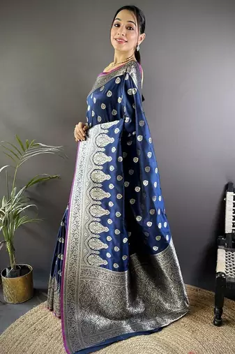 Navy blue embellished zari silk blend designer banarasi saree