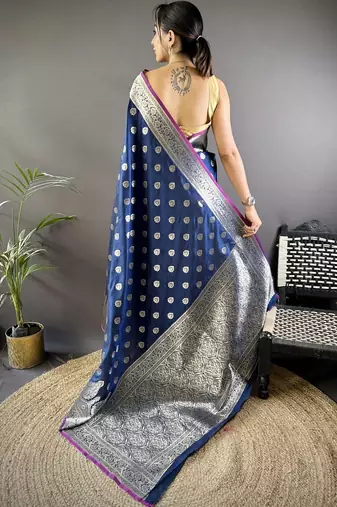 Navy blue embellished zari silk blend designer banarasi saree