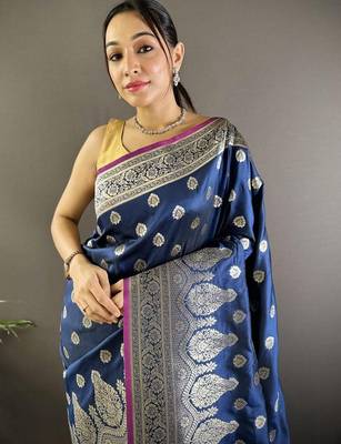 Navy blue embellished zari silk blend designer banarasi saree 4