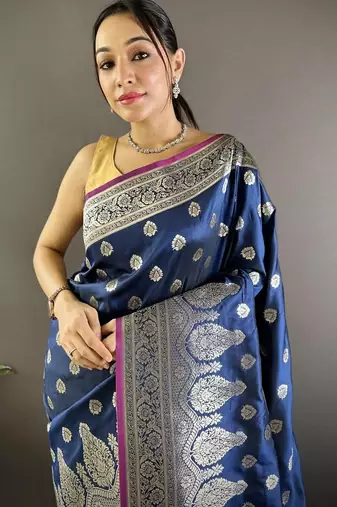 Navy blue embellished zari silk blend designer banarasi saree