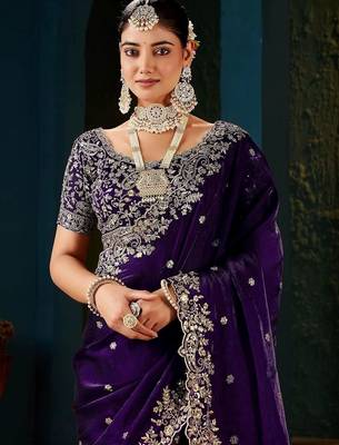 Purple embroidered silk blend heavy work saree 1