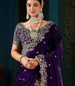 Purple embroidered silk blend heavy work saree