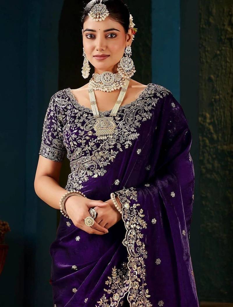 Purple embroidered silk blend heavy work saree