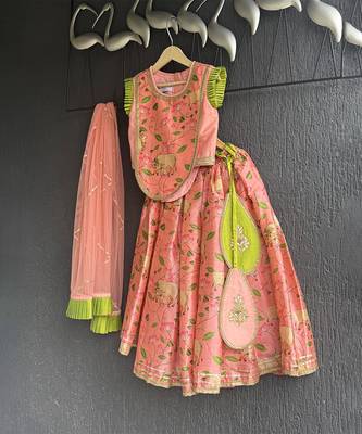 Peach Printed Cotton Silk Lehenga Set 4