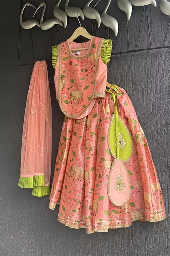 Peach Printed Cotton Silk Lehenga Set