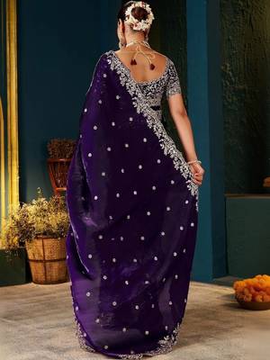Purple embroidered silk blend heavy work saree 2