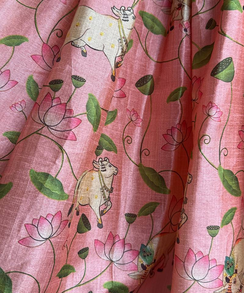 Peach Printed Cotton Silk Lehenga Set