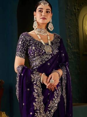 Purple embroidered silk blend heavy work saree 4