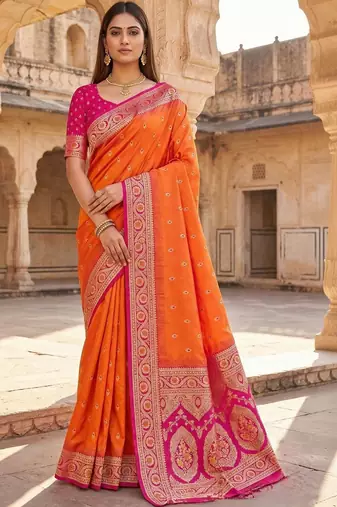 Orange woven design zari silk blend designer banarasi saree