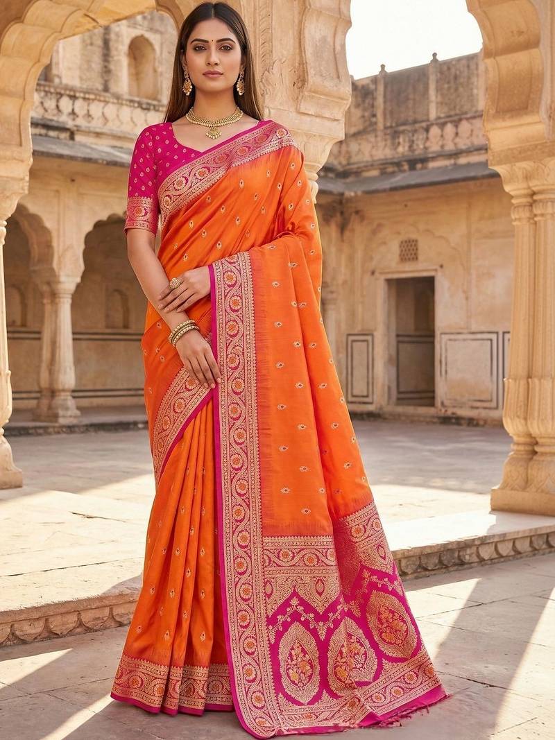 Orange woven design zari silk blend designer banarasi saree