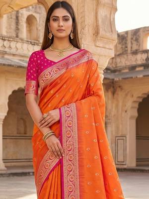 Orange woven design zari silk blend designer banarasi saree 2
