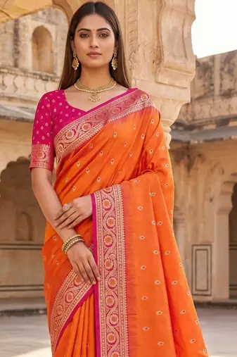 Orange woven design zari silk blend designer banarasi saree