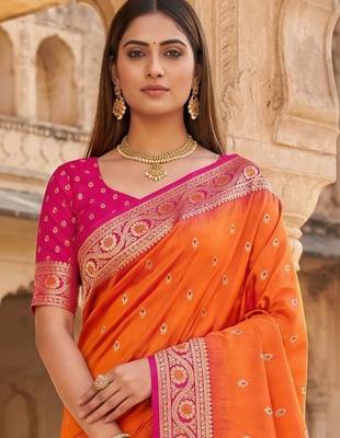 Orange woven design zari silk blend designer banarasi saree 3