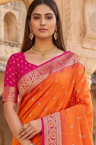 Orange woven design zari silk blend designer banarasi saree