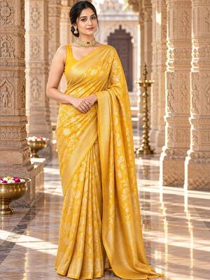 Yellow floral zari silk blend designer kanjeevaram saree 1