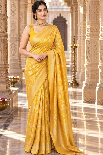 Yellow floral zari silk blend designer kanjeevaram saree