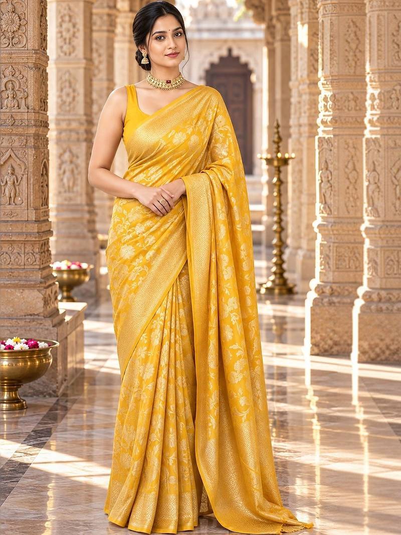 Yellow floral zari silk blend designer kanjeevaram saree
