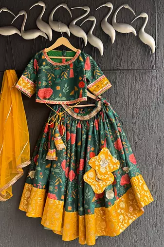 Green Yellow Printed Cotton Silk Lehenga Set