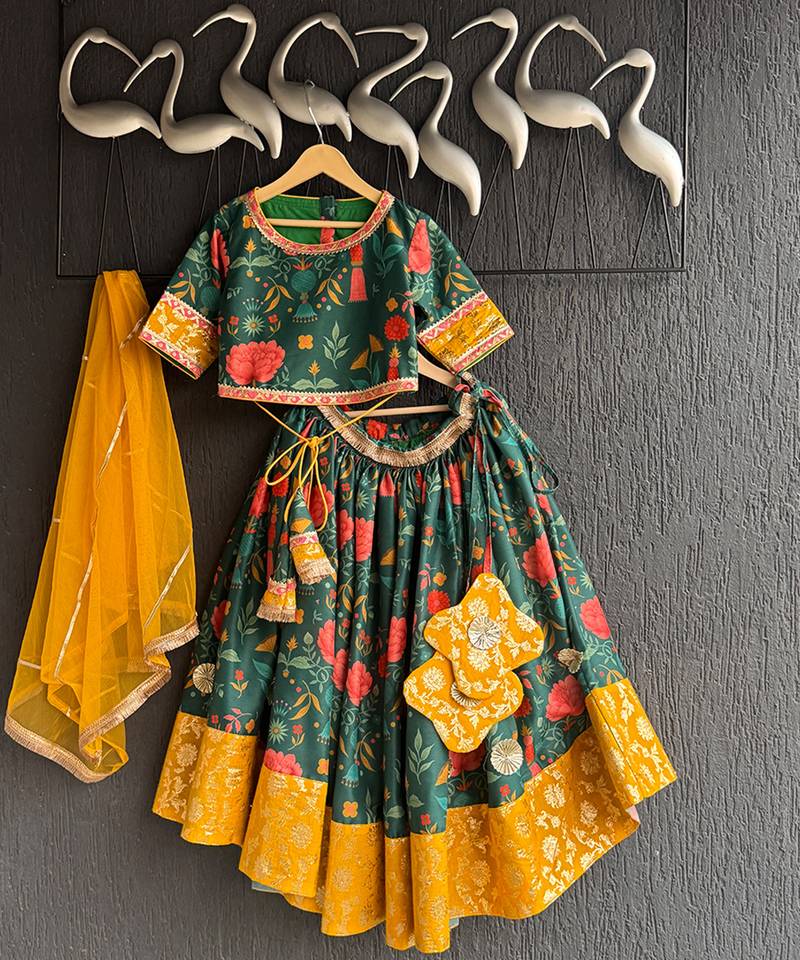 Green Yellow Printed Cotton Silk Lehenga Set