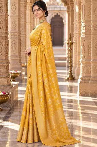 Yellow floral zari silk blend designer kanjeevaram saree