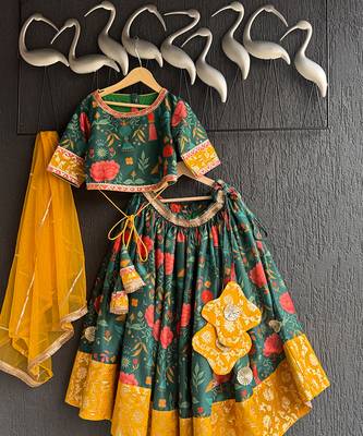 Green Yellow Printed Cotton Silk Lehenga Set 5