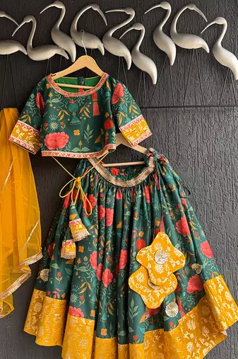 Green Yellow Printed Cotton Silk Lehenga Set