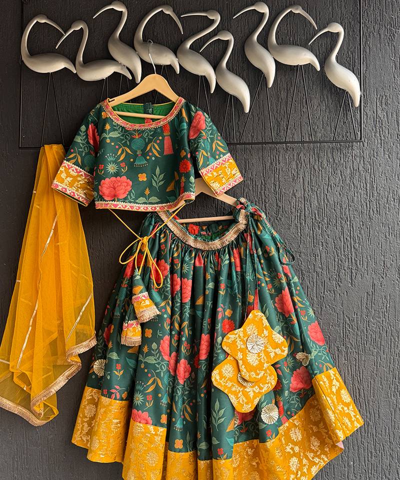 Green Yellow Printed Cotton Silk Lehenga Set