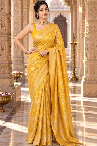 Yellow floral zari silk blend designer kanjeevaram saree