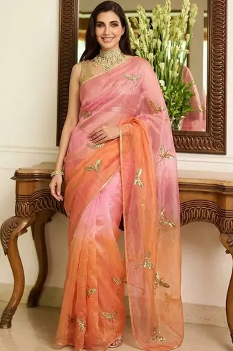 Multicolor embellished embroidered tissue saree