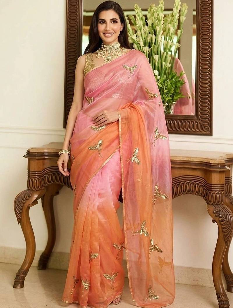 Multicolor embellished embroidered tissue saree