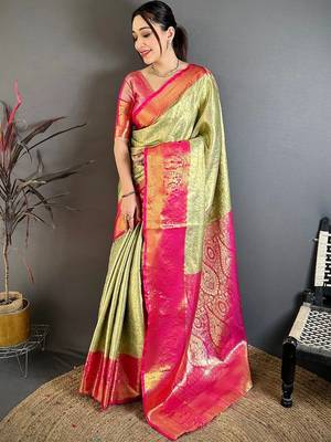 Lime woven design zari silk blend designer kanjeevaram saree 1