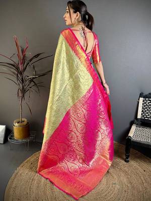 Lime woven design zari silk blend designer kanjeevaram saree 2