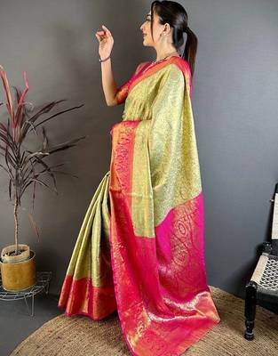 Lime woven design zari silk blend designer kanjeevaram saree 3